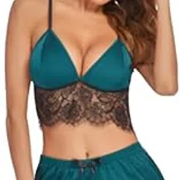 pillow play Women's Sexy Silk Stain Lingerie Set Lace Bralette and Shorts Pajamas Chemise Nightwear Sleepwear-picture-23