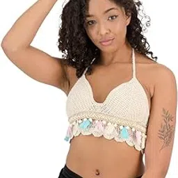 icw Women's Crochet Halter Neck Padded Bikini Tops Backless Lace Up Beachwear Bralette Crop Top (One Size XS-S-M) Bust 28-34 Inch-picture-15