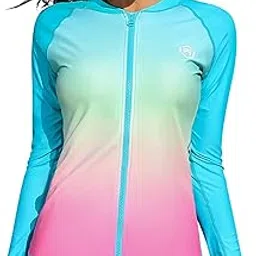 attraco Women's UPF 50+ Front Zipper Sun Protection Swimsuit, Blue, pink, XL-picture-18