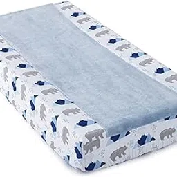 Levtex Baby - Trail Mix Diaper Changing Pad Cover - Fits Most Standard Changing Pads - Blue Plush, Grey Bears and Blue Mountains - Nursery Accessories - Plush image 1