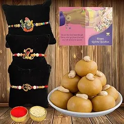 BOGATCHI rakhi for brother with sweets, rakhi for brother combo with sweets, rakhi with sweet combo, sweets for rakhi, rakhi sweets -4 Pcs Besan Ladoo + Rakhi Set of 3 +Roli Chawal+ Rakhi Card |RKH21d-120-picture-35