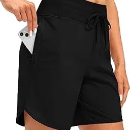 Women's 7" Quick Dry High Waisted Swim Board Shorts with Zipper Pockets UPF 50+ Beach Shorts for Women with Liner, Black, Large-image-2