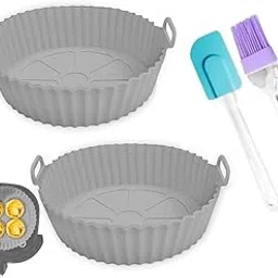 Basket Reusable Baking Tray Silicone Air Fryer Liner with Handles, Round Baking Tray, Grey, Includes Oil Brush and Spatula-image-4