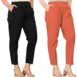 ZUCII- Plus Size Women's 100% Cotton Pants, Mid Rise, Half Elastic Waist, Everyday Comfort Trousers for Casual & Office Wear (Set of 2)-picture-53