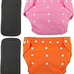 BADAL KIDZ Baby Reusable 2 Cloth Diaper For Newborn Babies With 2 Insert Pads | Cloth Diapers Washable Fitted Diapers | Leak Proof Diapers | Adjustable Pocket Cloth Diaper Nappies (Pink, Orange)-image-1