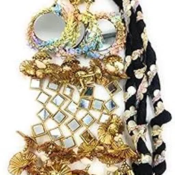 SIMKA® Mirror & Pearl heavy Gota Patti Work Punjabi Paranda with Jhumka for Women & Girls | Traditional Hair Extension | Patiala Shahi Parandi | Golden & Black Hangings (Multy Colour)-image-1