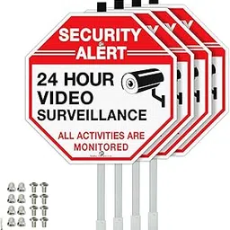 Faittoo Security Sign Video Surveillance Sign with 36" Stake for Outside, 4-Pack 12"x12" Rust Free Heavy Aluminum, Reflective, Fade Resistant, 2 pre-drilled holes, Includes Matching Screws & Wrench,-image-2
