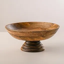 Wood Curls Handcrafted Wooden Pedestal Bowl for Kitchen Counter,Decorative Bowl for Center Table,Bowl for Salad,Fruits,Mango Wood, Natural Finish(25.5cm Diameter x 11.5cm Height)-picture-26