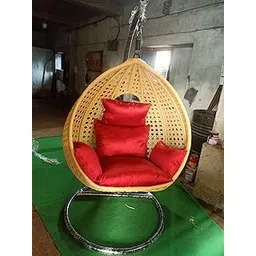 Outdoor Patio Hammock Swing, Rattan Folding Hanging Chair Egg Shape Chair with MS Iron Stand Base and Thicken Cushion for Balcony, Poolside, Backyard, Beige & Red Cishion-image-78