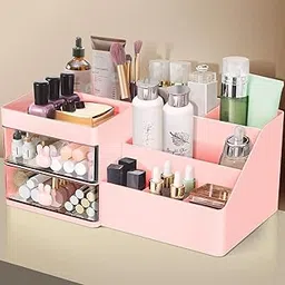 OTISTORES Makeup Organizer, Cosmetic Desk Storage Box with Drawers Skincare Organizers for Dressing Table, Countertop, Bathroom Counter, Vanity Holder for Brushes, Lotions, Lipstick, Perfume (PINK)-image-14