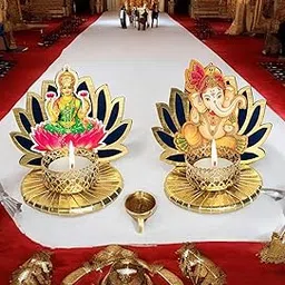 StayBuy™ Handmade Louts Laxmi & Ganesh Tealight Candle Holder for Decoration/Diwali Decoration/Table Top, Color-Blue, Pack-02-picture-22