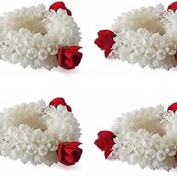 Bridal Floral Wedding Hand Gajra Scrunchie Bracelet with Jasmine Mogra and Rose Indian Party Jewelry Handmade (Pack of 4)-image-1