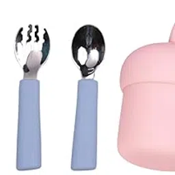 tudd Baby Grip Set Stainless Steel & Silicone Utensils for Kids | Blue with Mini Sip | Spill-Proof Silicone Straw Cup for Kids | Pink-picture-20