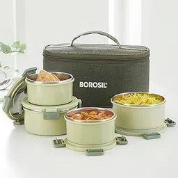 Borosil Glory Green Stainless Steel Lunchbox with Bag | 4 pcs Set (460 ml x 2 + 280 ml x 2) | Microwavable Tiffin with Food Grade Steel | Leakproof & Dishwasher Safe | 1 Year Warranty-image-4