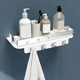 Plantex Multipurpose Acrylic Key Holder for Living Room/Wall Mount Storage Shelf with Silver Railings/Bathroom Accessories for Home Decor (12x4 inches, White)-image-8