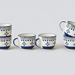 NestKraft Hand-Painted Style Ceramic Tea/Coffee Cup Set of 6 | Blue Patterned Heart & Flower Mugs-image-2
