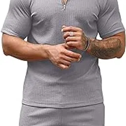 vogaan Men's Polo Shirt and Shorts Set | Summer Fashion Short Sleeve Solid Zipper 2 Pieces Outfits for Men-picture-11