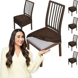 HOKIPO 200 GSM Premium Velvet Dining Chair Seat Cover, Stretch Fitted, Removable Washable Furniture Protector Slipcovers, Set of 6, Brown (AR-4754-BR*6)-picture-20