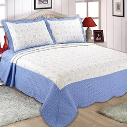 White and Blue Geometric Embroidery Pattern Quilted Bedspread with Pillow Cover Set by Quilting Tree - King and Queen Size-picture-26