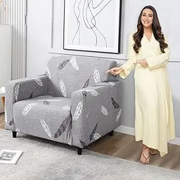HOKIPO 95% Polyester, 5% Spandex Elastic Stretchable Sofa Cover 1 Seater, Grey Feather (AR-4093-D1)-image-14