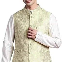 manq Men's Silk Blend Nehru Jacket with Ethnic Motifs - Mandarin Collar, Formal Wear, 2 Pockets-picture-12