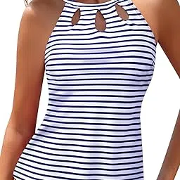 High Neck Tankini Top Backless Bathing Suit Tops for Women Swimsuit Top Key Hole Swim Top Only, Striped, Large-image-70