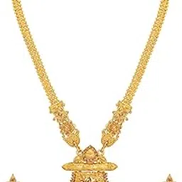 atasi international Traditional Paisley Design Long Haram Alloy Gold Plated Necklace with Earrings Jewellery Set for Women-picture-41