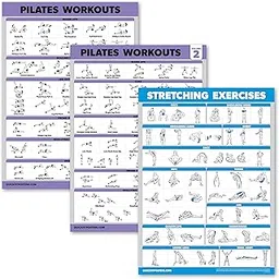3 Pack - Pilates Workout Poster Set Volume 1 & 2 + Stretching Routine - Pilates Mat Work Exercises - Fitness Charts (18 x 24, LAMINATED)-picture-31