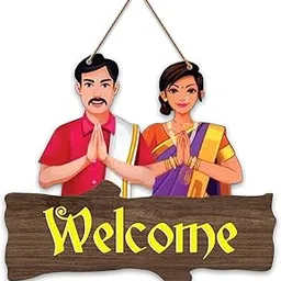 Traditional Indian Welcome Wall Hanging | MDF Wooden Home Entry Decor with Namaste Couple | South Indian Style Welcome Board-picture-32