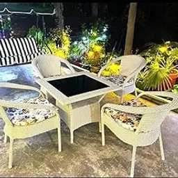 Tiranga India Outdoor D-8 Chairs Table Set 4+1 Wicker Patio Furniture Sets 4 Chair and 1 Table with Cushions for Garden Balcony Bedroom Powder Coated Frame Uv Protected Wicker (Off White)-image-13