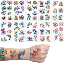 MAYCREATE® 10 Pcs Cartoon Tattoo Stickers Marine-themed Dreamy Temporary Tattoos Watercolor Style Tattoo Sticker Set Waterproof Colorful Party Decorative Fake Tattoos for Arm, Face, Hands-picture-28