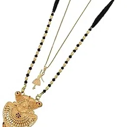 malkyn Women's Gold Plated Floral Motif Mangalsutra with Red Enamel Accents and Ballerina Pendant Layered Necklace Set, Traditional Black Beaded Indian Jewelry-MD-121-picture-10