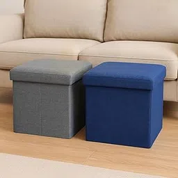 ABTRIX WITH AB Set of 2 Folding Storage Ottomans with Lid – 30x30x30 cm – Linen Fabric Footrest Stools, Foldable Storage Cubes with Padded Seat, 80KG Load Capacity (2, Grey & Blue)-image-8
