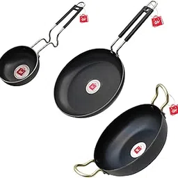 LAZYwindow Traditional Iron Deep Bottom Kadhai, Fry Pan (Induction Base) And Tadka Pan With Grip Type Handle Combo Pack (Base Black),19 Cm,21 Cm-picture-27