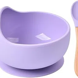 ONICORN Silicone Unbreakable Bowl & Wood Handle Spoon for Baby Feeding, Suction Design for Toddler, Non-Slip, Non-Toxic, Bpa Free, Dishwasher and Microwave Safe (Purple 1 Pcs), 350 ML-picture-27
