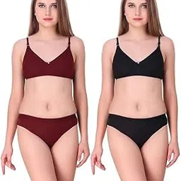 rouxous Women's Cotton Bra and Panty Set, Pack of 3, Maroon Pink Black-picture-46