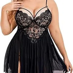 lovethreads Women’s Plus Size Purple Lace Babydoll Lingerie Nightwear | Sexy Sheer Mesh Sleepwear Dress with Adjustable Straps and Floral Lace Design Nightdress for Ladies-image-21