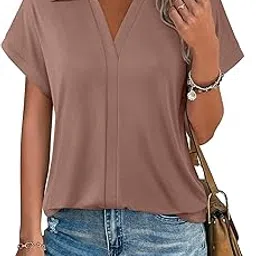 vivilli Women's Short Sleeve Tops and Blouses Business Casual Collared Tunic Shirt, Mocha, XX-Large-picture-43