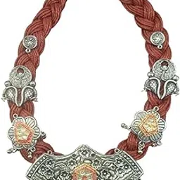Mandodari Red Jute Necklace For Women Kundan Accents Handcrafted Thread Oxidised Silver-Toned Charm Navratri Choker Festivals & Ethnic Casul Outfits-image-12