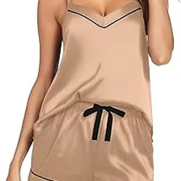 havenhues Women's Babydoll Polyester Lingerie Pajamas Camisole Sleeveless Top and Shorts with Spaghetti Straps and Drawstring Waist Nightwear Set Deep V-Neck Honeymoon Nightdress-picture-29