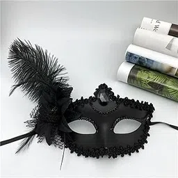 Partysanthe Matte Black Enchanted Lace Feather Eyemask Princess eyemask Halloween, Carnival, feather, venetian masquerade party mask Pack Of 1pc-picture-10