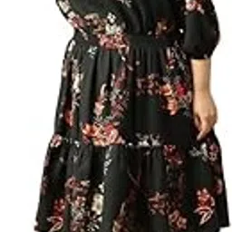 oxolloxo Women Plus Size Rayon Printed Round Neck with Adjustable Thread 3/4 Sleeve Smocked Elasticated Knee Length Dress-picture-11