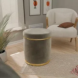 ETIQUETTE ART Velvet Round Dual Strip Ottoman Office Stool Foot Rest Stool Linen Fabric Padded Seat Pouf Ottoman with Round Shape for Living Room. (Off-White)-image-35