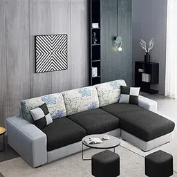 FURNY Florida Fabric 4 Seater LHS L Shape Sofa Set with 2 Puffy -(Dark Grey-Light Grey)-picture-27