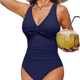 holipick One Piece Swimsuit for Women Vintage V Neck Twist Bathing Suit Tummy Control Slimming Monokini, Navy Blue, Small-picture-42