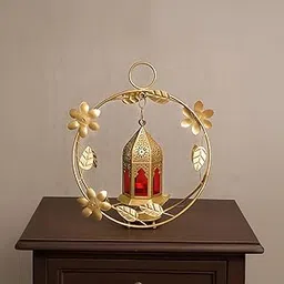MARKET 99 Metal+Glass Golden Metal Wreath Lantern with Red Glass | for Diwali, Christmas, Birthday, and Wedding | Decorative Candle Holder for Home Decor & Festive Season | Golden & Red-image-49