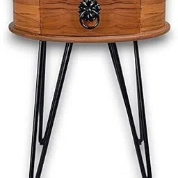 Arcus Round Wooden Side Table with Drawer – Mid-Century Modern Nightstand with Metal Hairpin Legs, Bedside End Table for Living Room & Bedroom – Natural Wood Finish-image-68
