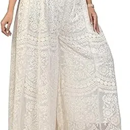 Women's Embroidered Lace Palazzo Pants, Off-White, Elastic Waist, Floor Length-picture-43