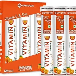 Grandeur Vitamin C Charge Immune Protection - With Natural Vitamin C & Zinc- 60 Effervescent Tablets | Orange Flavour | Immunity Booster | Antioxidant | Glowing Skin |-picture-26