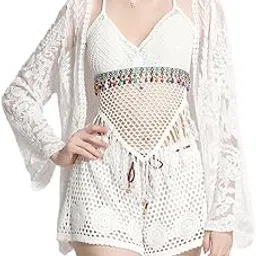 icw Women's Leisure Boho Crochet Crop Halter Neck Top Backless Lace-up Low Rise Shorts Light Jacket Shorts Cardigan Suit Beachwear Bikini Set Three-Peice Swimsuit Co-ord Set-picture-22